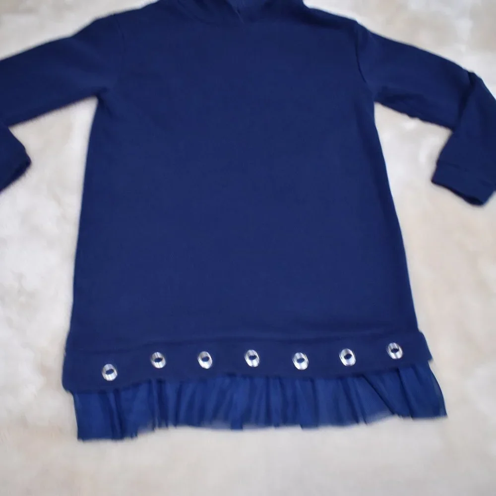 Girls Hooded Sweatshirt Dress Size Small 7/8 Navy Blue Long Sleeve